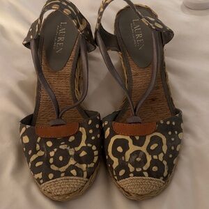 Ralph Lauren Gray and Tan Espadrille Wedge Cala Sandals